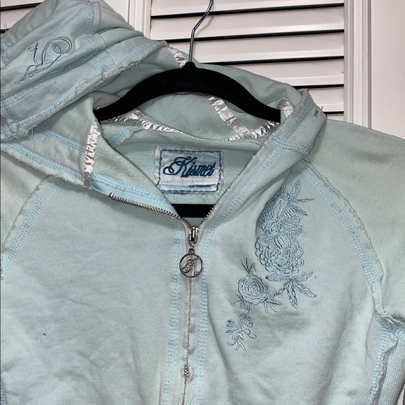 Kismet Early 2000s Y2K Baby Blue Cropped Hooded Zip-Up Jacket - Picture 5 of 11